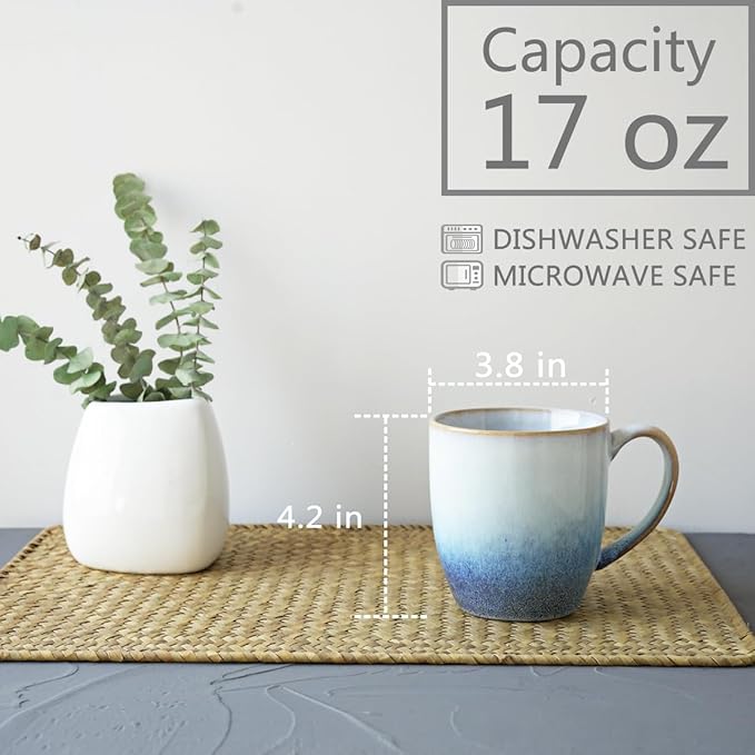Bosmarlin Ceramic Coffee Mug Set of 4, 17 Oz, 3 Colors to Choose, Tea Cups, Dishwasher and Microwave Safe, Reactive Glaze??(17 Oz, Blue)