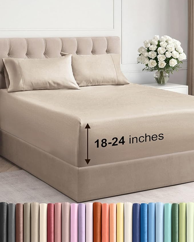 Extra Deep Pocket King Sheets - 4 Piece Breathable & Cooling Bed Sheets - Hotel Luxury Bed Sheet Set - Soft, Wrinkle Free & Comfy - Easily Fits Extra Deep Mattresses - Deep Pocket Wheat Sheets Set