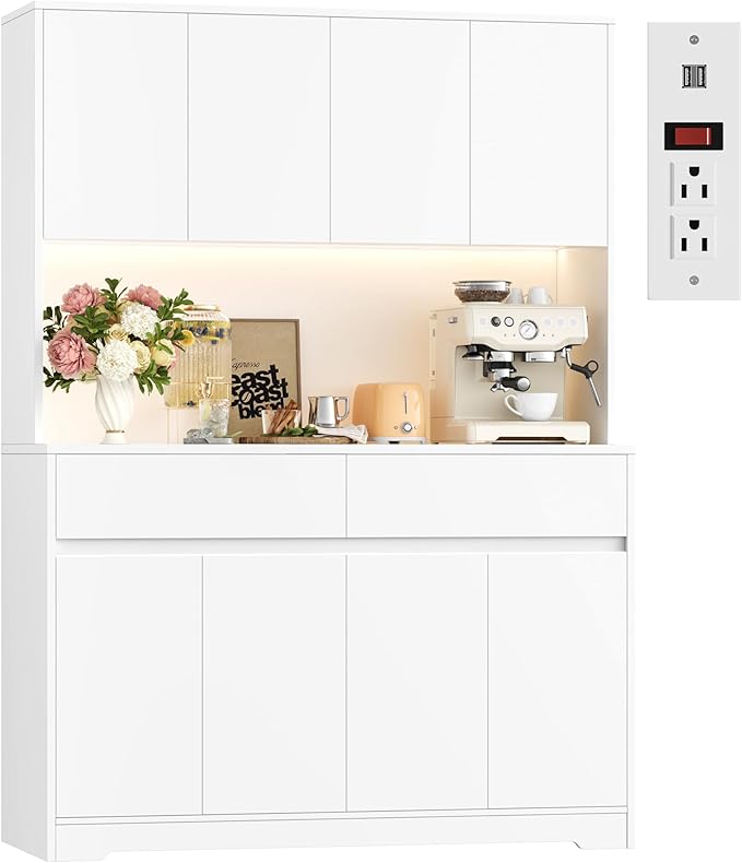 FINETONES 71" Tall Pantry Cabinet with LED Lights and Charging Station, 47.2" Wide Kitchen Pantry Storage Cabinet Kitchen Hutch with Microwave Stand, Tall Storage Cabinet for Living Room, White