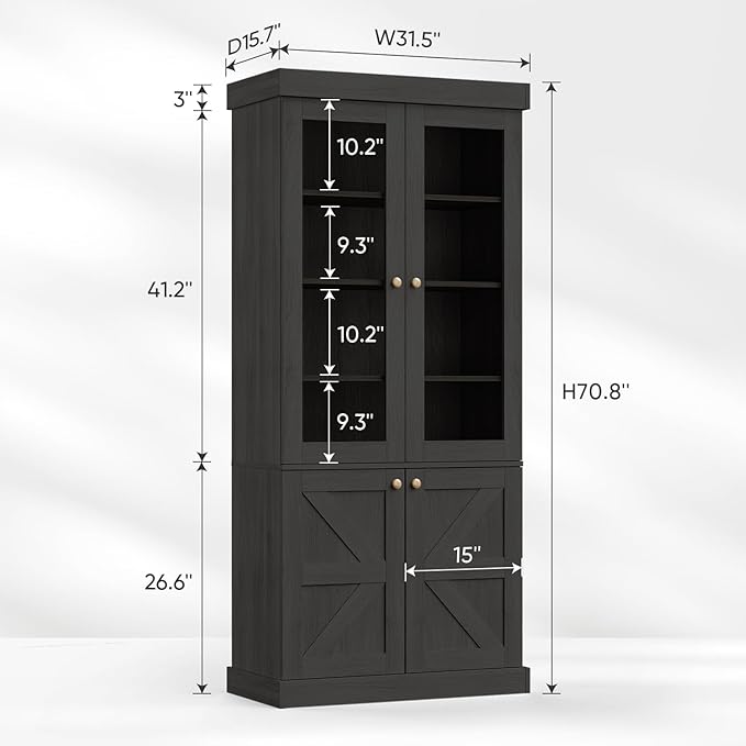 71" Tall Farmhouse Kitchen Pantry, Rustic Large Storage Cabinet with Glass Doors, Adjustable Shelves, Wood Versatile Hutch Cabinet for Dining Room, Living Room, Black 3 Pcs
