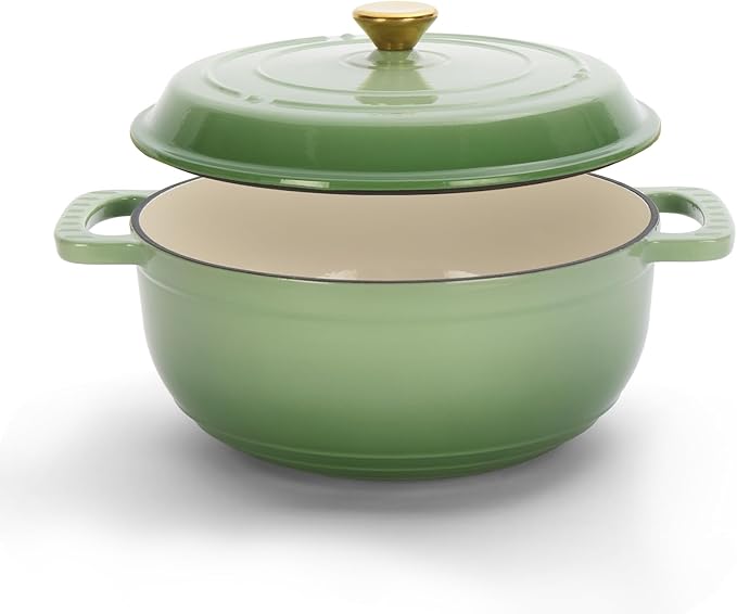 Dutch Oven Pot with Lid, 5 Quart Enameled Cast Iron Dutch Oven, Dual Handles, Kitchen Pots Oven Safe up to 500째F, Stovetop Compatible, Marinate, Cook, Bread Baking, Refrigerate & Serve, Green