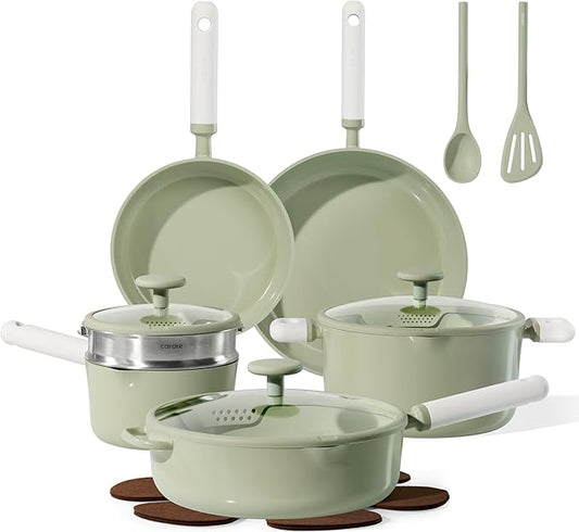 CAROTE Pots and Pans Set Non stick, 15pcs Ceramic Cookware Set Nonstick Non Toxic Cookware,Dishwasher,RV/Camping Cookware Set,Green