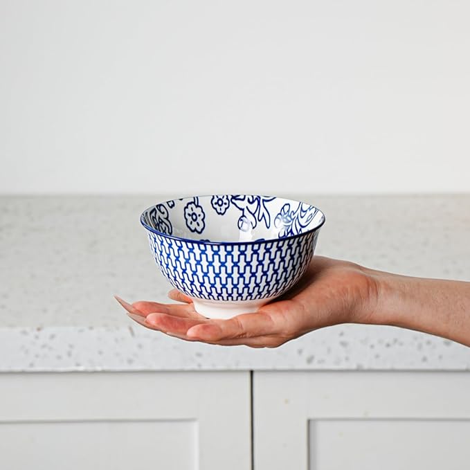 Cerkik Ceramic Dessert Bowls Set - Small 12 Oz Cereal Bowls - 4.75 Inch Ice Cream Bowls for Fruit, Snack, Side Dishes, Dipping Sauce - Microwave Dishwasher Safe - Set of 6 - Vintage Blue