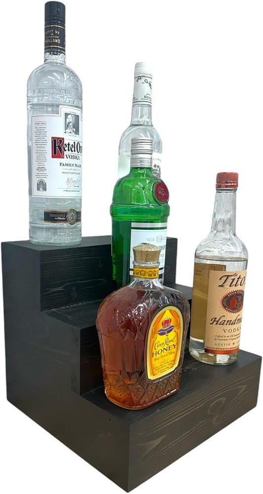 Handmade Tiered Display Shelving - Three Tier Bar Display - Bar Organizer - Liquor Bottle Display (12" without Back, Black)