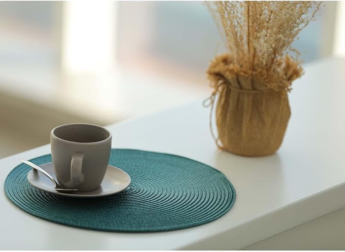 FunWheat Round Braided Placemats Set of 8 Place Mats for Dining Tables Woven Washable Non-Slip Table mats Small 13 inch(S Teal, 8pcs)