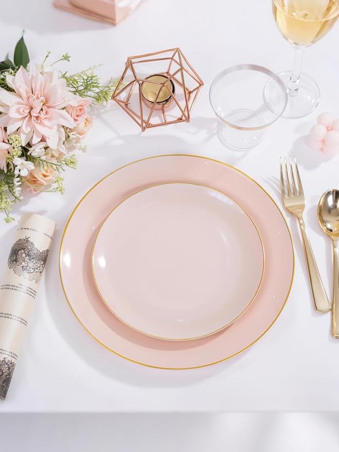 WDF 300Pcs Pink Plates Disposable - Pink and Gold Plastic Dinnerware Set for 50 Guests Include 50 Dinner & Cake Plates, 50 Disposable Cutlery, 50 9oz Cups for Wedding, Party, Valentine's Day
