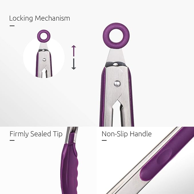 U-Taste Kitchen Tongs, 7/9/12 inches Cooking Tongs, with 600쨘F High Heat-Resistant Non-Stick Silicone Tips, 18/8 Stainless Steel Handle, for Food Grill, Salad, BBQ, Frying, Serving, Pack of 3(Purple)