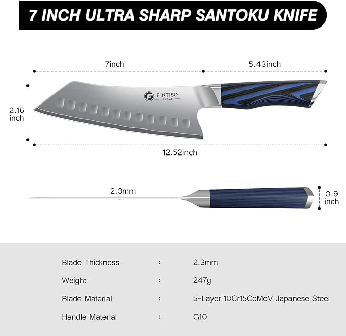FINTISO 7 Inch Santoku Knife, Ultra Sharp Chef Knife with G10 Handle, High-End 5 Layers 10Cr15CoMoV Japanese Stainless Steel Kitchen Knife, Professional Cutting Knife for Vegetables and Meat
