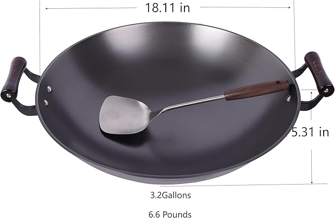 Chinese woks with a lid and a Spatula stir-fry pans deep fryer Cast Iron 18.11 Inches Round Bottom Pot Uncoated for Open Fire not easy to rust not easy to stick and durable for about 5-18 people