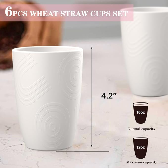 Homienly Kitchen Cups 12 OZ Wheat Straw Drinking Glasses?밬nbreakable, Lightweight & Reusable Alternative to Plastic Cups,Dishwasher Safe Cups for Kitchen & Outdoor Use (White, 6 PCS)