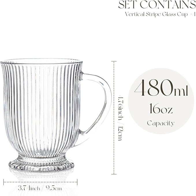 Large Ribbed Glass Coffee Mugs Set of 4,16 Oz Clear Espresso Mugs with Spoon, Glass Tea Cups with Handle Diner Latte Cup with Footed Base for Hot Beverages,Cappuccino Cups, Stylish Drinkware