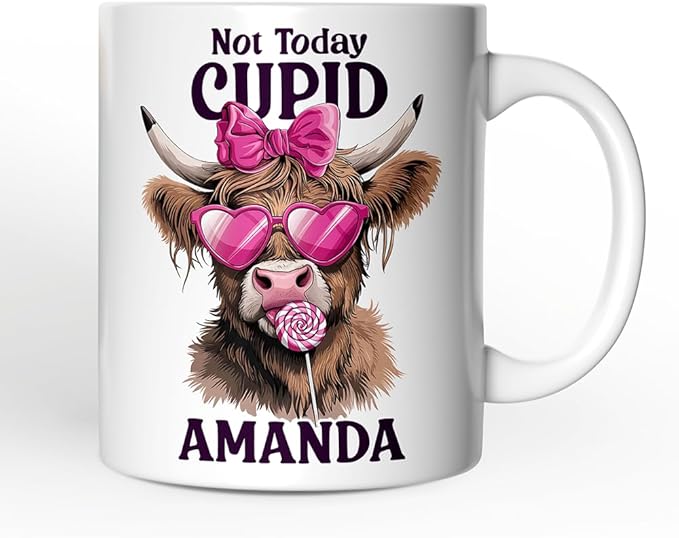 OrnamentallyYou Personalized Valentine Mug (Valentines Highland Cow Personalized Mug, Not Today Cupid Funny Cow Lover Gift)