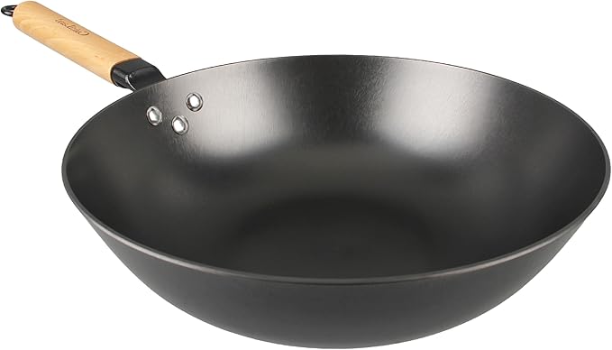 Cuisiland 12" Nitrided Cast Iron Wok ??Rust-Resistant Stir-Fry Pan, Removable Beechwood Long Handle, Naturally Non-Stick, Durable & Comfortable Grip, Classic Heat Retention