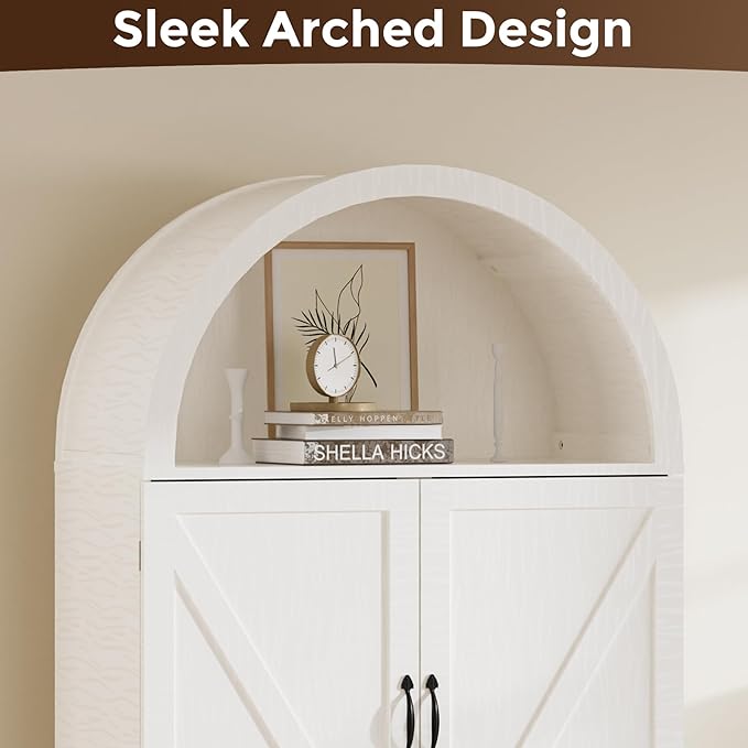 Arched Kitchen Pantry Cabinet with Adjustable Shelves, Modern Farmhouse Storage Cupboard, White Freestanding Wood Cabinet with LED Lights, 70.86 x 29.9 x 15.74 Inches.
