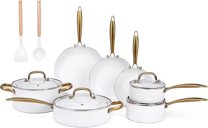 18PCS Nonstick Pots and Pans Set, Ceramic Cookware Set, Kitchen Cooking Sets, Oven/Dishwasher Safe, Space-Saving Design,Compatible with All Stovetops White