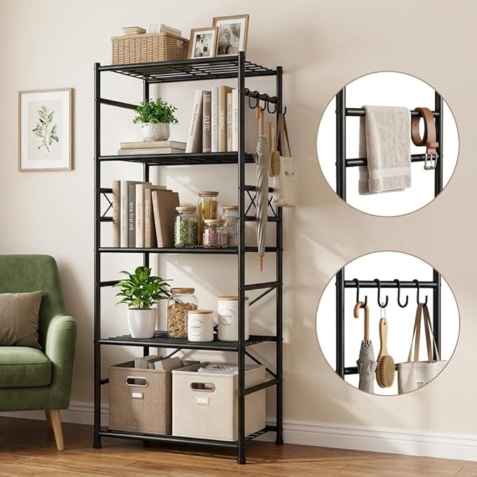 5-Tier Storage Shelves,Sturdy Metal Shelving Unit with Hooks,Wobble-Free Storage Rack with Leveling Feet,Slim Standing Shelf Organizer for Kitchen Pantry Laundry Bedroom,17.7?쓂횞11.8?쒭 횞58.3?쒱,Black
