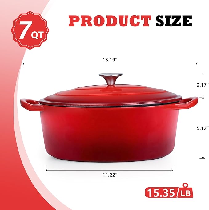 P&P CHEF Oval Dutch Oven with Lid, Enameled Cast Dutch Oven Pot for Bread Baking, Braising, Stewing, Roasting, Non-Stick & Oven Safe, Dual Handles & Easy Clean, 7QT & Red
