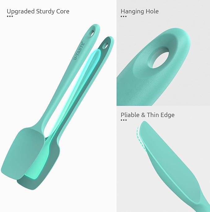 U-Taste Flat Spatula & Spoon Spatula: 11.38in 600쨘F Heat Resistant Silicone Bowl Scraper, Flexible Rubber Kitchen Cooking Mixing Utensil with Upgraded Non-Stick Surface (Set of 2, Aqua Sky)