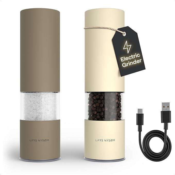 LARS NYS횠M Electric Salt and Pepper Grinder Set I Automatic Salt and Pepper Mills with Adjustable Ceramic Grinder I USB Rechargeable Electric Spice Mill Set with LED Light (Brown/Beige)