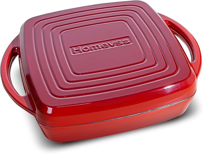 2-in-1 Square Enameled Cast Iron Dutch Oven 7QT Baking Pan and Gridle Lid with Dual Handles, Cast Iron Skillet lid, Coating Gridle for Baking, Braising and Grilling - Red