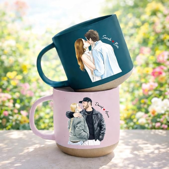Custom Valentine Pottery Mug with Watercolor Photo, Personalized Couple Coffee Cups, Custom Valentine Gifts for Girlfriend Boyfriend, Personalized Gifts for Couple with Unique Design