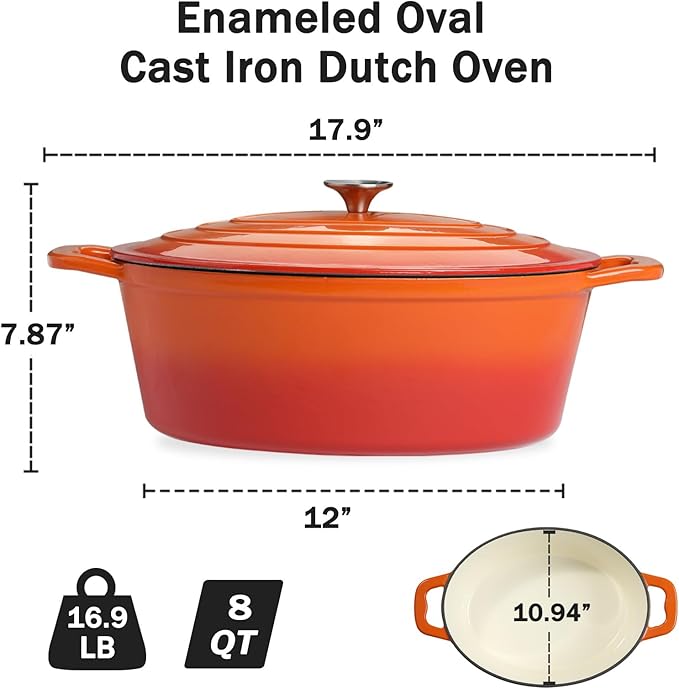 Enameled Oval Dutch Oven Pot with Lid, 8 QT Cast Iron Dutch Oven with Dual Handles for Cooking, Bread Baking, Frying, Non-stick Enamel Coated Oven (8 QT Orange)