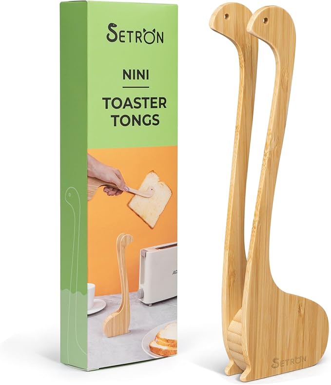 Bamboo Nessie Toast Tongs ??10??Toaster Tongs for Bread & Bagels, Heat-Resistant Bamboo Kitchen Tongs with Anti-Slip Grip, Cute Loch Ness Monster Design for Cooking & Serving