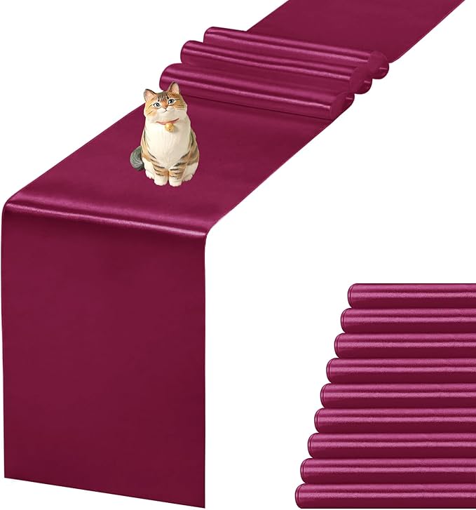 JEVIX 10 Pack Satin Table Runner 12 X 108 Inch Silk Table Runner for Party,Wedding, Birthday, Banquets,Decoration(Burgundy)