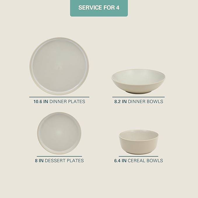 Gibson Elite Tribeca Loft 16-Piece Dinnerware Set ??Matte Cream and White Reactive Glaze Stoneware, Double Bowl Round Plates and Bowls ??Modern Neutral Tableware for 4, Dishwasher & Microwave Safe