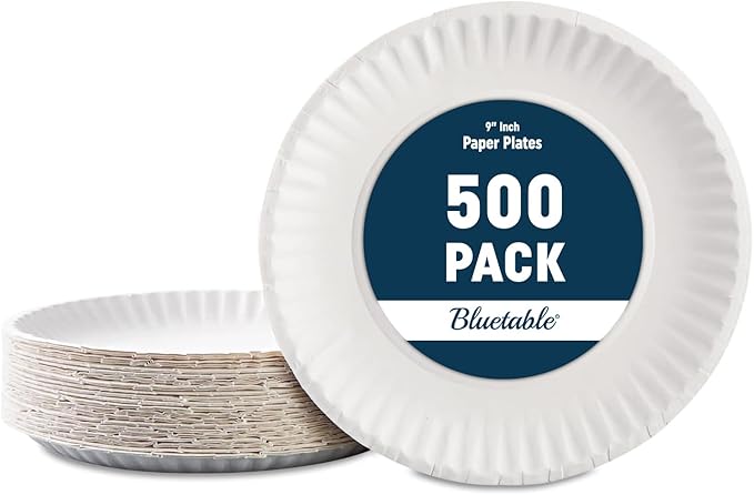 Bluetable 9 Inch Paper Plates Bulk ??500 Count - Uncoated White 9??Dinner Plate Pizza Plate Decorative Craft Paper Plates Disposable Plates [500 Pack/Case]