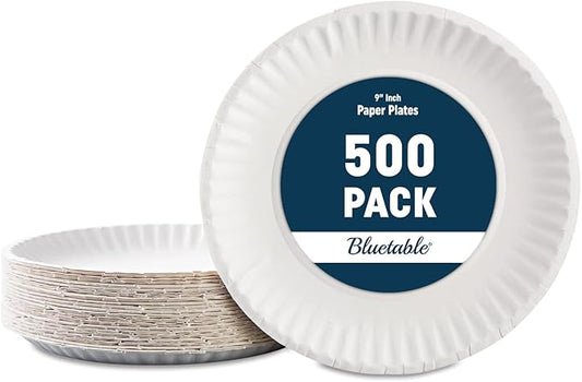 Bluetable 9 Inch Paper Plates Bulk ??500 Count - Uncoated White 9??Dinner Plate Pizza Plate Decorative Craft Paper Plates Disposable Plates [500 Pack/Case]