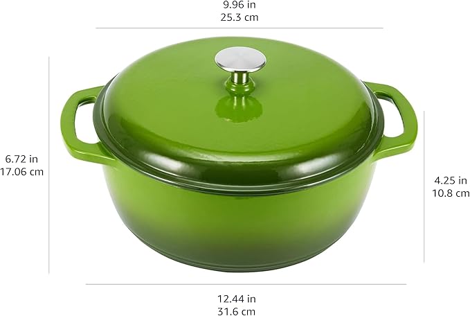 Amazon Basics Cast Iron Dutch Oven Pot with Lid, Enameled, Round, Dual Handles, Heavy-Duty, Small, 4.3-Quart, Green