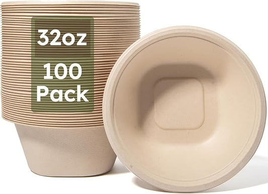 JYTIDYRA Paper Bowls, 32 Oz Disposable Bowls [100 Pack] Heavy Duty Compostable Deep Disposable Soup Bowls, Eco-friendly Biodegradable Bagasse Hot Cold Microwavable Bowls for Salad, Cereals, Dessert