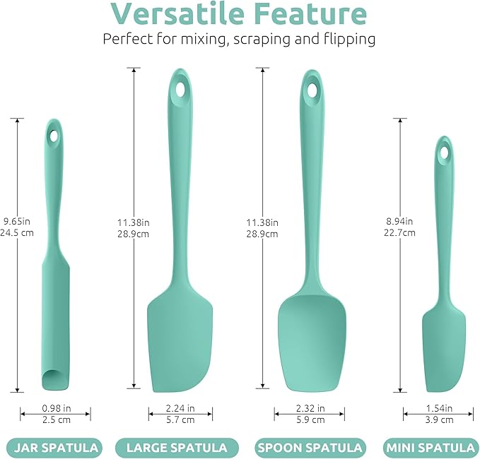 U-Taste 600쨘F Heat Resistant Silicone Spatulas: Flexible Food-Grade Silicon Baking Scraper, Kitchen Cooking Mixing Utensils with Upgraded Sturdy Handle Tip for Nonstick Cookware (4-Pc., Teal)