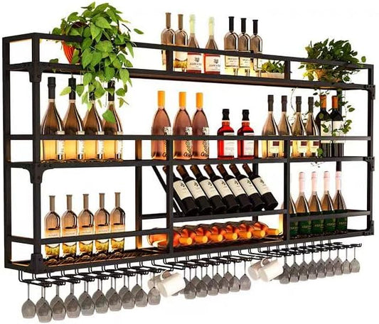 47Inch Metal Wall-Mounted Wine Rack with LED Light - 3 Tier Wine Storage Display Rack with Glass Holder - Space-Saving Bottle Display Shelf for Home Bars, Dining Rooms, Black