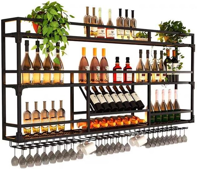 79Inch Metal Wall-Mounted Wine Rack with LED Light - 3 Tier Wine Storage Display Rack with Glass Holder - Space-Saving Bottle Display Shelf for Home Bars, Dining Rooms, Black