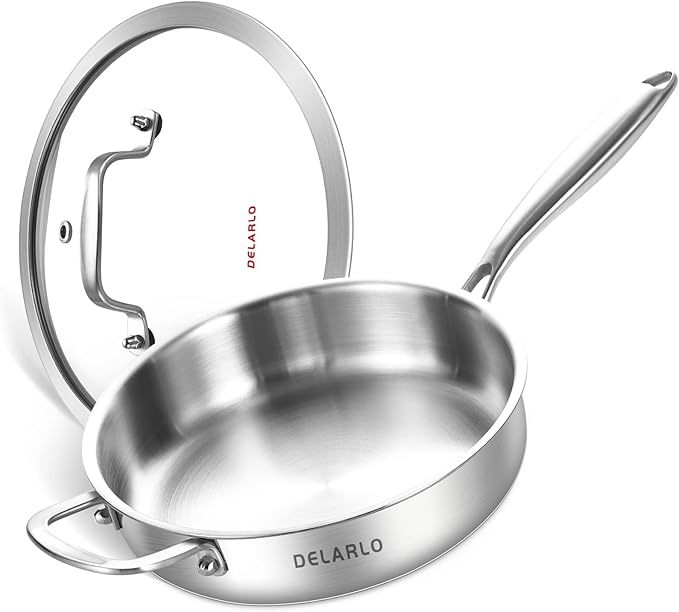 DELARLO Tri-Ply Stainless Steel 10 Inch Frying Pan,3 Quart Saut챕 Pan with lid,Compatible with All Cooktops,Oven Up to 660??Chicken Fryer,Dishwasher-Friendly