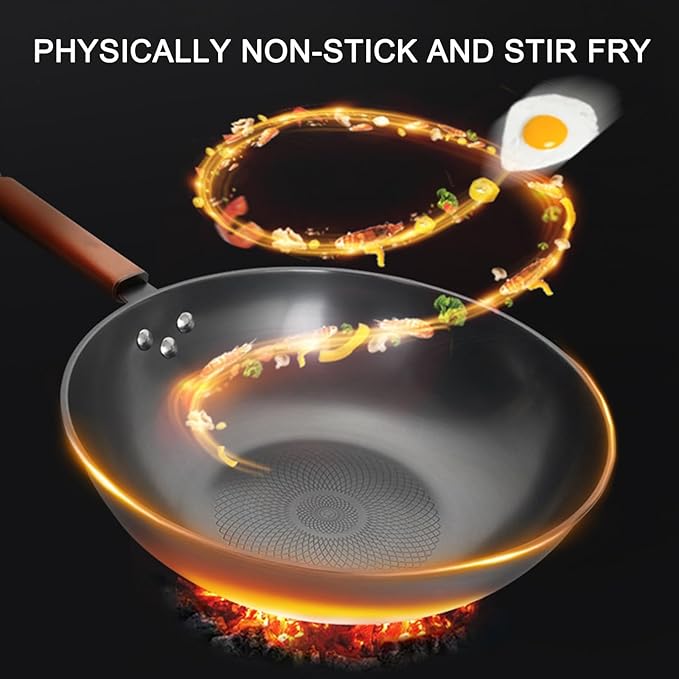 13'' Woks & Stir-Fry Pans Set with Lid & Wooden Handle, No Chemical Flat Bottom Chinese Woks Pan for Induction, Gas, Halogen All Stoves