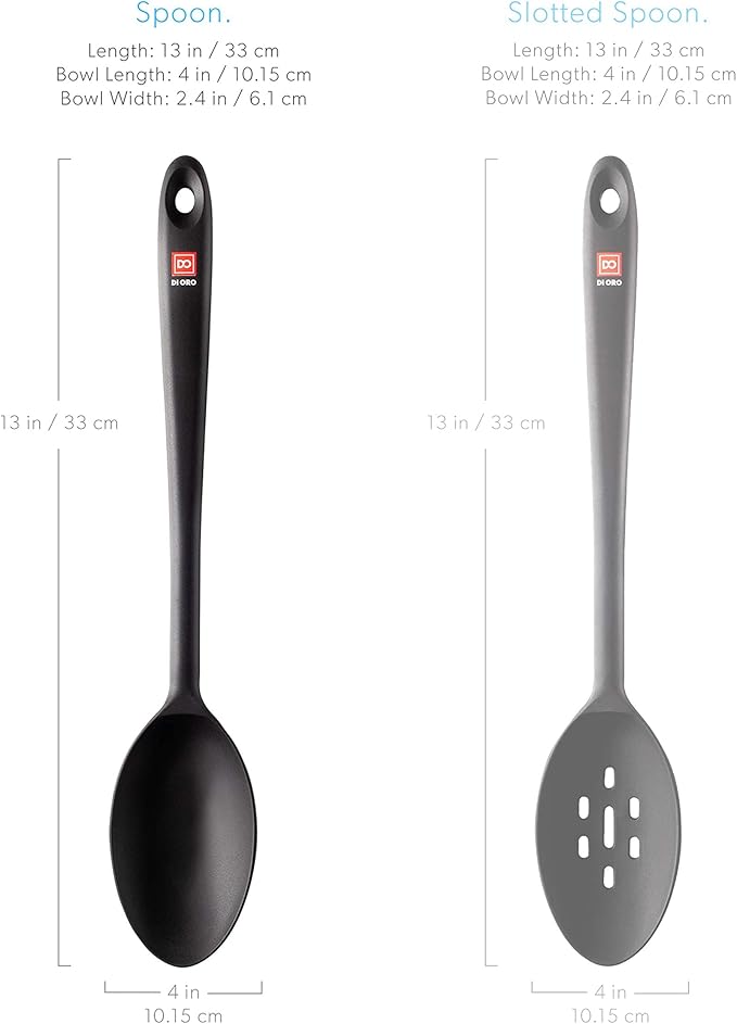 DI ORO Cooking Spoon - Solid Silicone 600F High Heat Nonstick Cookware Safe - Kitchen Spoon for Cooking & Baking - Large Serving & Mixing Utensil - Dishwasher Safe (Black)