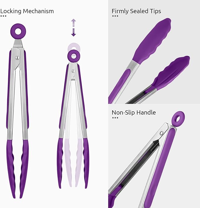 600쨘F Heat Resistant Kitchen Tongs: U-Taste 9 inch Silicone Cooking Tong with Firm Sealed Non Stick Rubber Tips & Silicon Coated 18/8 Stainless Steel Handle & Smooth Locking for Serving Grill (Purple)