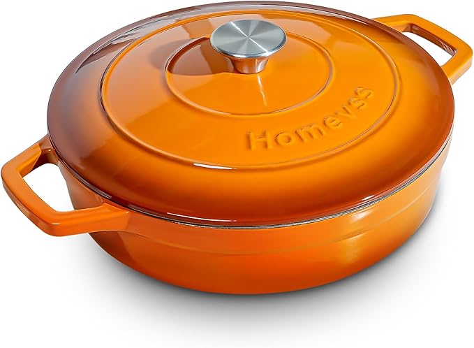 Enameled Cast Iron Dutch Oven - 4 Quart Dutch Oven Pot with Lid - Shallow Cookware Braising Pan - Oven Safe up to 500째 F for Baking, Roasting, and Braising-Orange