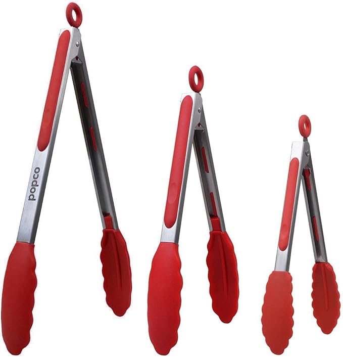 Popco 3-Piece Kitchen Tongs Set ??Stainless Steel Heat Resistant Silicone Tips, Strong Comfort Grip, 3 Sizes (7, 9, 12 Inch), Non-Scratch, Dishwasher Safe, for Cooking, BBQ, Salad