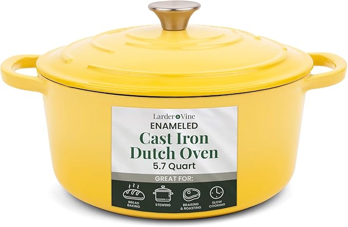Larder & Vine Enameled Cast Iron 5.7qt Dutch Oven Pot with Lid | Bread Baking | Compatible on All Cooktops & Oven Safe to 500째 F | Great for Sourdough Bread | Limoncello