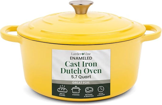 Larder & Vine Enameled Cast Iron 5.7qt Dutch Oven Pot with Lid | Bread Baking | Compatible on All Cooktops & Oven Safe to 500째 F | Great for Sourdough Bread | Limoncello