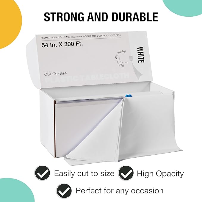 Party Solids 54 Inch X 300 Feet White Plastic Table Cover Roll in A Cut - to - Size Box with Convenient Slide Cutter. Cuts Up to 36 Rectangle 8 Feet Plastic Disposable Tablecloths