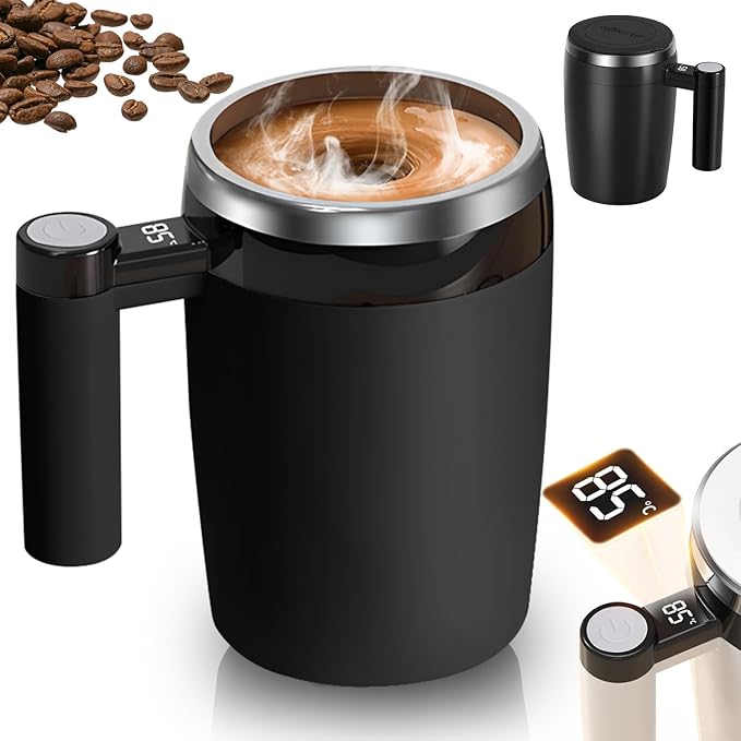 Electric Magnetic Stirring Coffee Mug, 2026 New Automatic Stirring Coffee Cup with Temperature Display, 12.85oz Self-Stirring Mug with Lid Suitable for Coffee, Milk, and Other Beverages (Black)