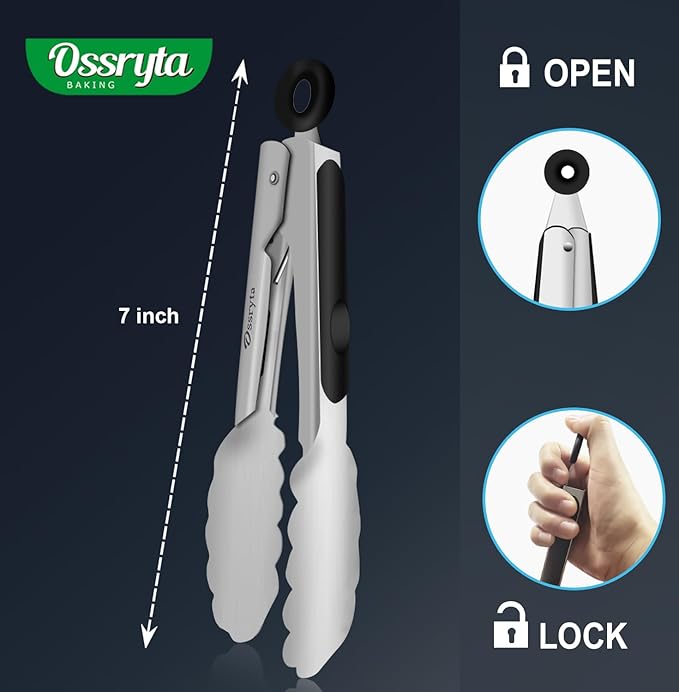 Small Cooking Tong Set of 3 - Mini 7 Inch Stainless Steel Locking Tongs, Heat Resistant to 600째F, Food Grade Kitchen Metal Tong for Food, Salad, Pasta, Steaks, Vegetables - Dishwasher Safe