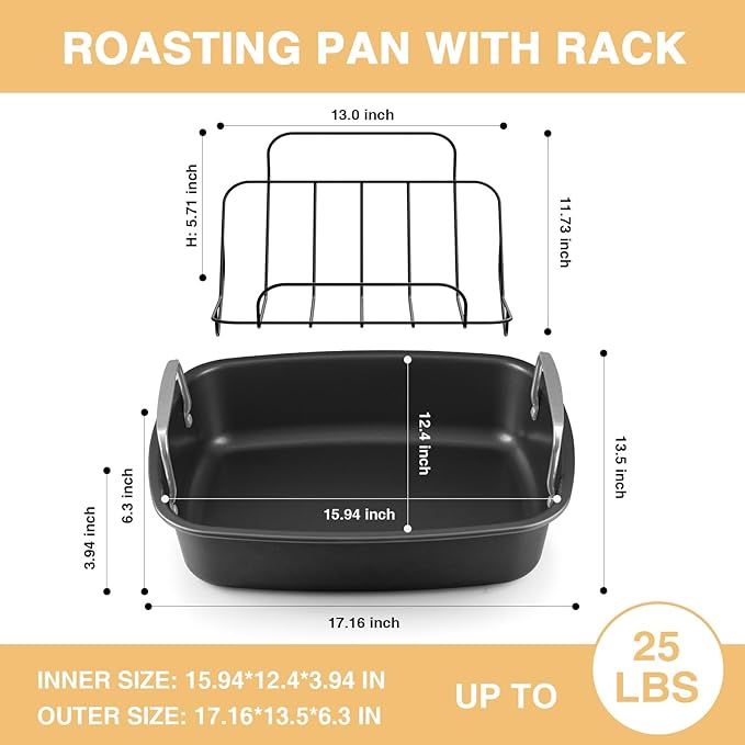 Nonstick Turkey Roasting Pan with Rack - 17횞13 Inch Extra Large Roaster Pan, Deep Turkey Tray for Oven, U-Shaped Rack, Wider Handles, Ideal for Ovens, Thanksgiving, and Christmas