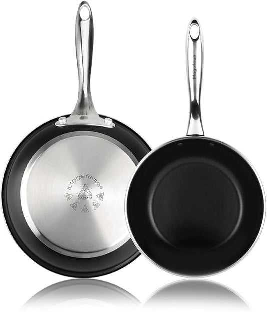 Magefesa Prisma Frying Pan Set, 7.8" & 9.4", 18/10 Stainless Steel, Triple-Layer Nonstick, Works on All Stovetops Including Induction, Oven Safe to 392째F, Dishwasher Safe, Durable Cooking Skillets