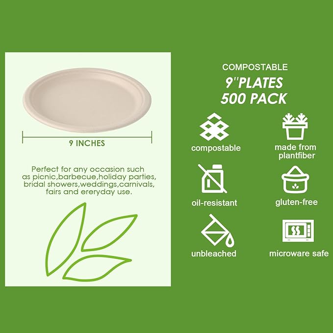 Vplus 500 Pack Paper Plates 9 inch 100% Compostable, Heavy-Duty Disposable Paper Plates Bagasse Natural Biodegradable Eco-Friendly Sugarcane（Nature）